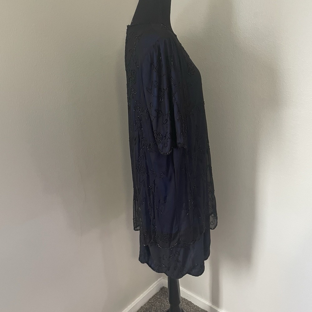 Vintage BRILLIANTE BY J.A. Sz XL Navy Beaded Sequined Dress Layer Illusion Glam - Picture 8 of 11
